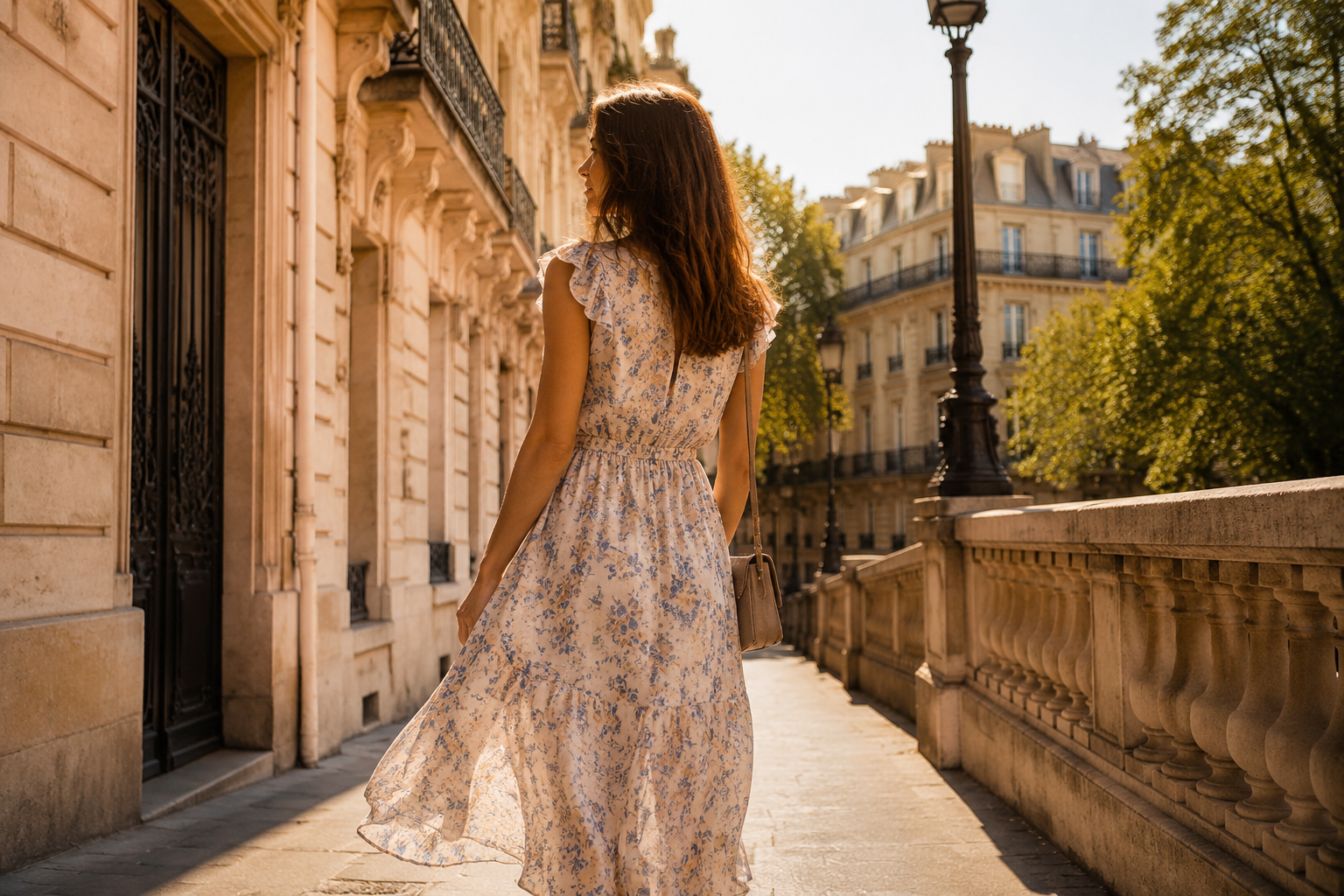 Femme en robe d'été fluide dans une rue ensoleillée