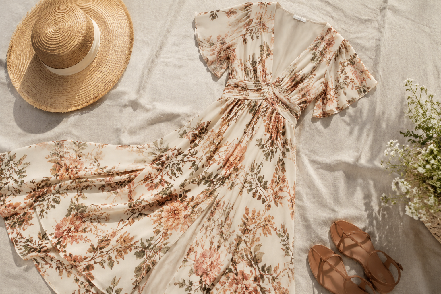 Robe d'été fleurie en flat lay avec chapeau de paille